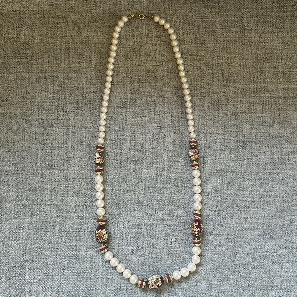 Vintage Hand painted beads and pearl necklace